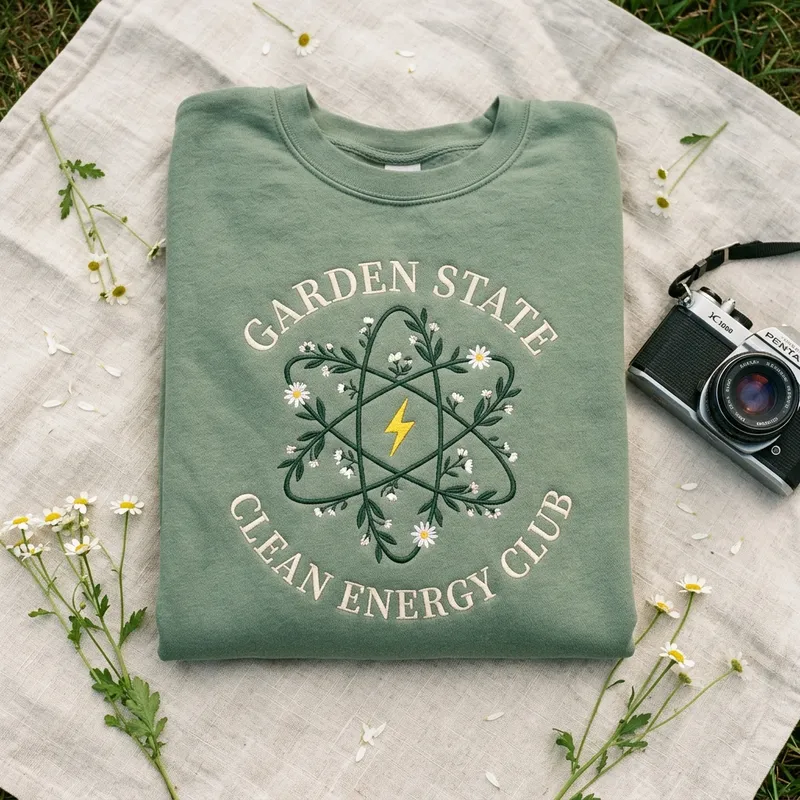 Close-up macro shot showing the intricate embroidery stitch detail of the daisy vines and electric yellow lightning bolt on the sweatshirt