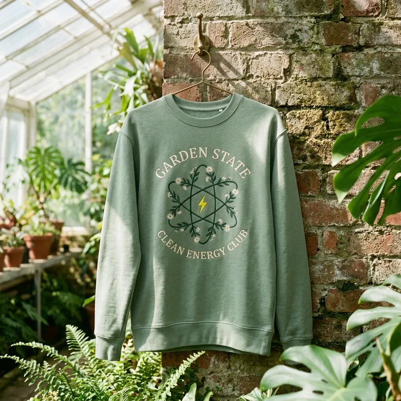 A young adult STEM student smiling and wearing the Garden State Clean Energy Club embroidered sweatshirt while studying at a local coffee shop