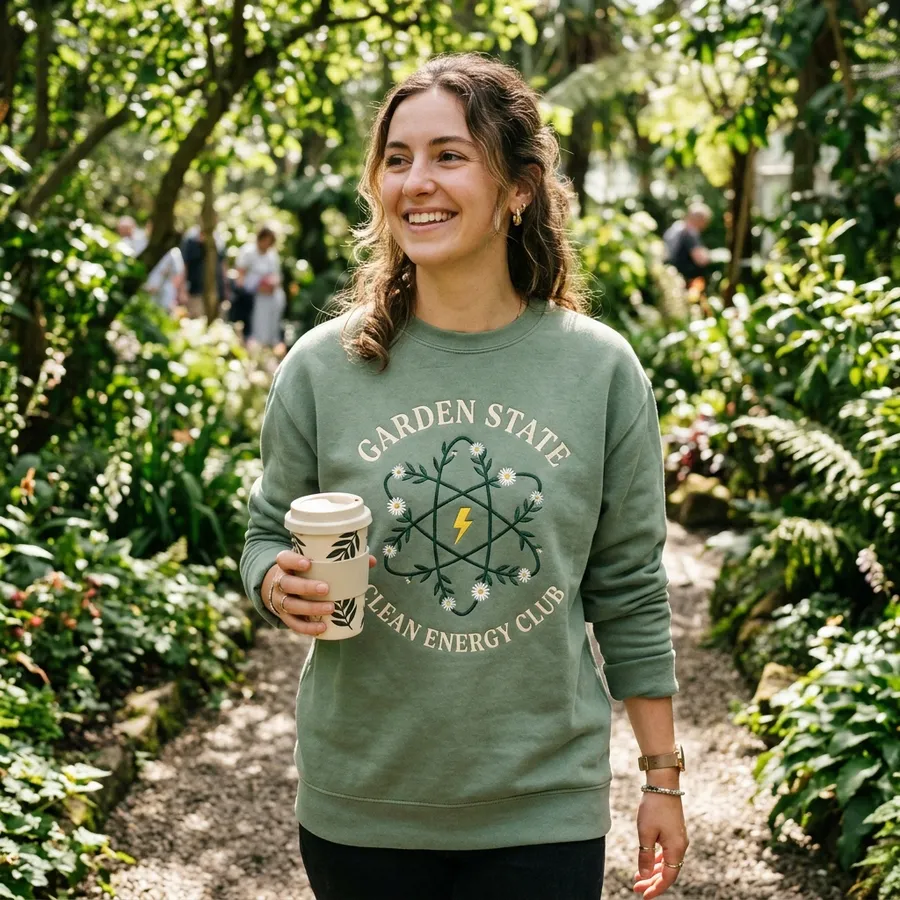 A beautifully styled flat lay of the Garden State Clean Energy Club sweatshirt surrounded by fresh daisies, a vintage science textbook, and eco-friendly gift wrapping