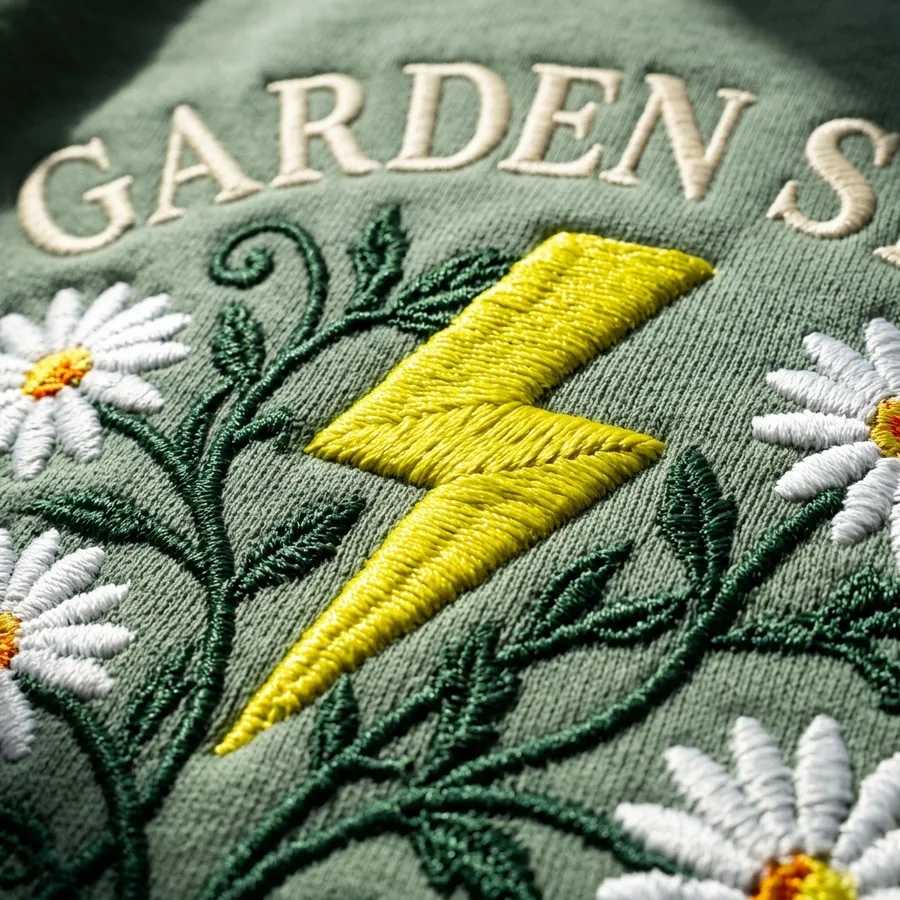 A folded view of the sweatshirt showing the custom LolliDollyArt tag and the vibrant embroidery thread colors catching the light