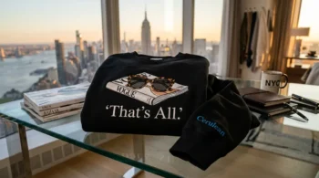 Devil Wears Prada 2 inspired That's All embroidered black sweatshirt on a desk