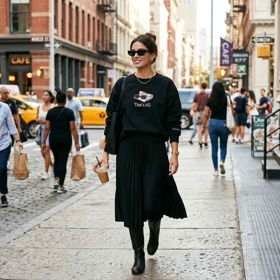 Devil Wears Prada 2 Trend & The "That's All" Embroidered Sweatshirt A beautifully styled flat lay featuring a black sweatshirt, a pair of tortoiseshell sunglasses, and a glossy fashion magazine