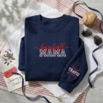 Baseball Mama Embroidered Sweatshirt - Personalized Navy Sports Mom Gift with Sleeve Name embroidered-sweatshirt