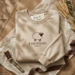 Christian Embroidered Sweatshirt - I Am Found Luke 15:3 Sheep Design, Sand embroidered-sweatshirt