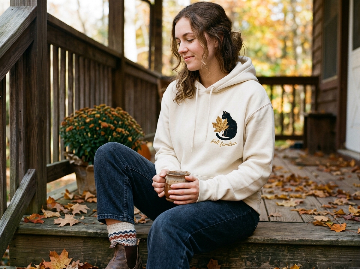 15 Embroidered Fall Sweatshirt Ideas That Feel Truly Special embroidered fall sweatshirt — in-use lifestyle photo