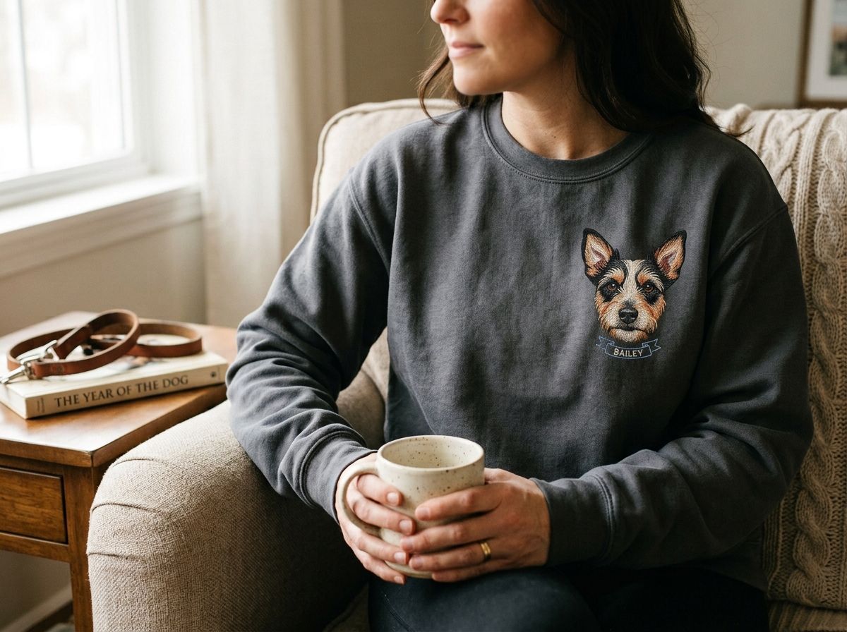sweatshirt with my dogs face — in-use lifestyle photo