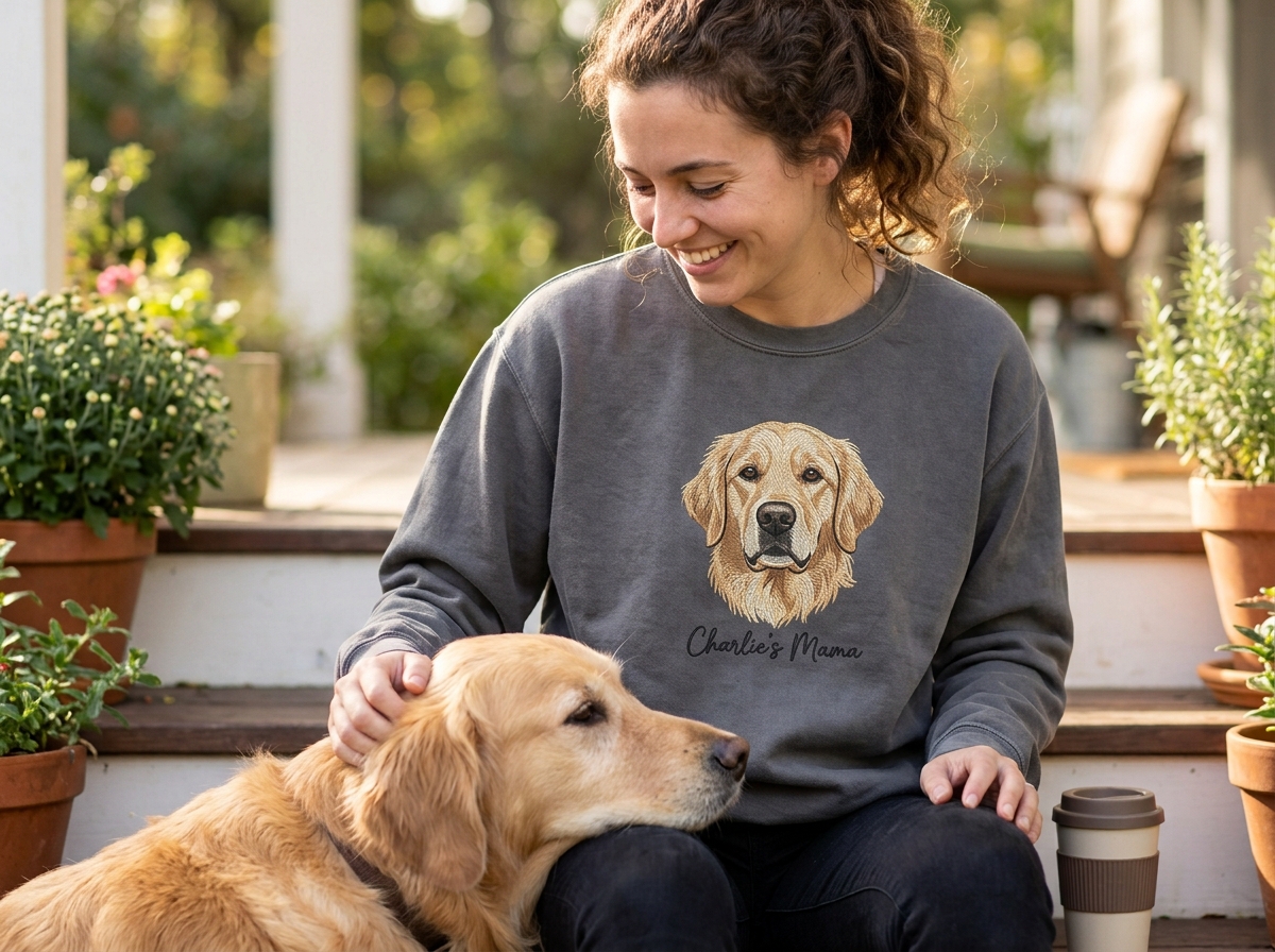 sweatshirt with my dogs face — lifestyle photo
