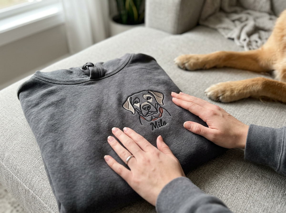 How to Choose Sweatshirts With Your Dog's Picture on It That Actually Look Good Embroidered sweatshirts with your dog's picture on it — in-use lifestyle photo