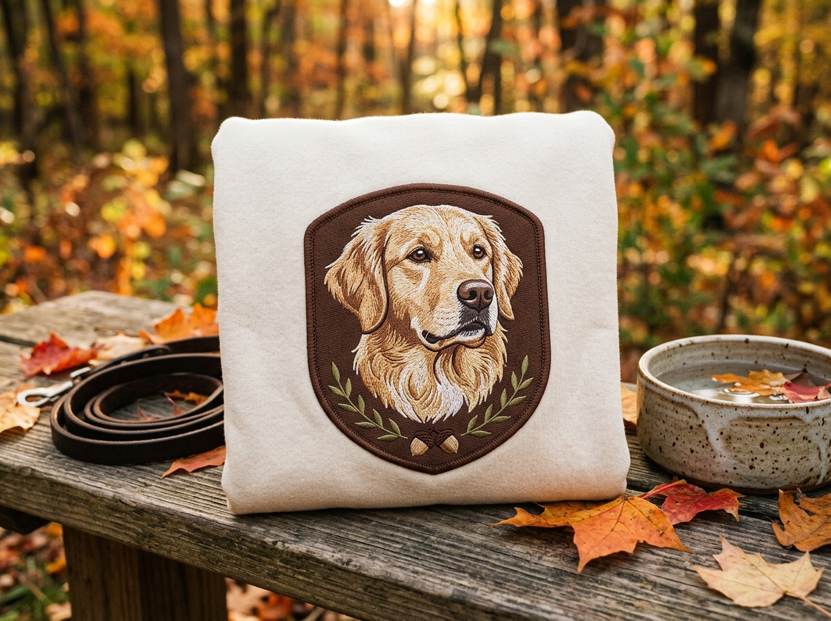 How to Choose Sweatshirts With Your Dog's Picture on It That Actually Look Good Embroidered sweatshirts with your dog's picture on it — styled lifestyle scene