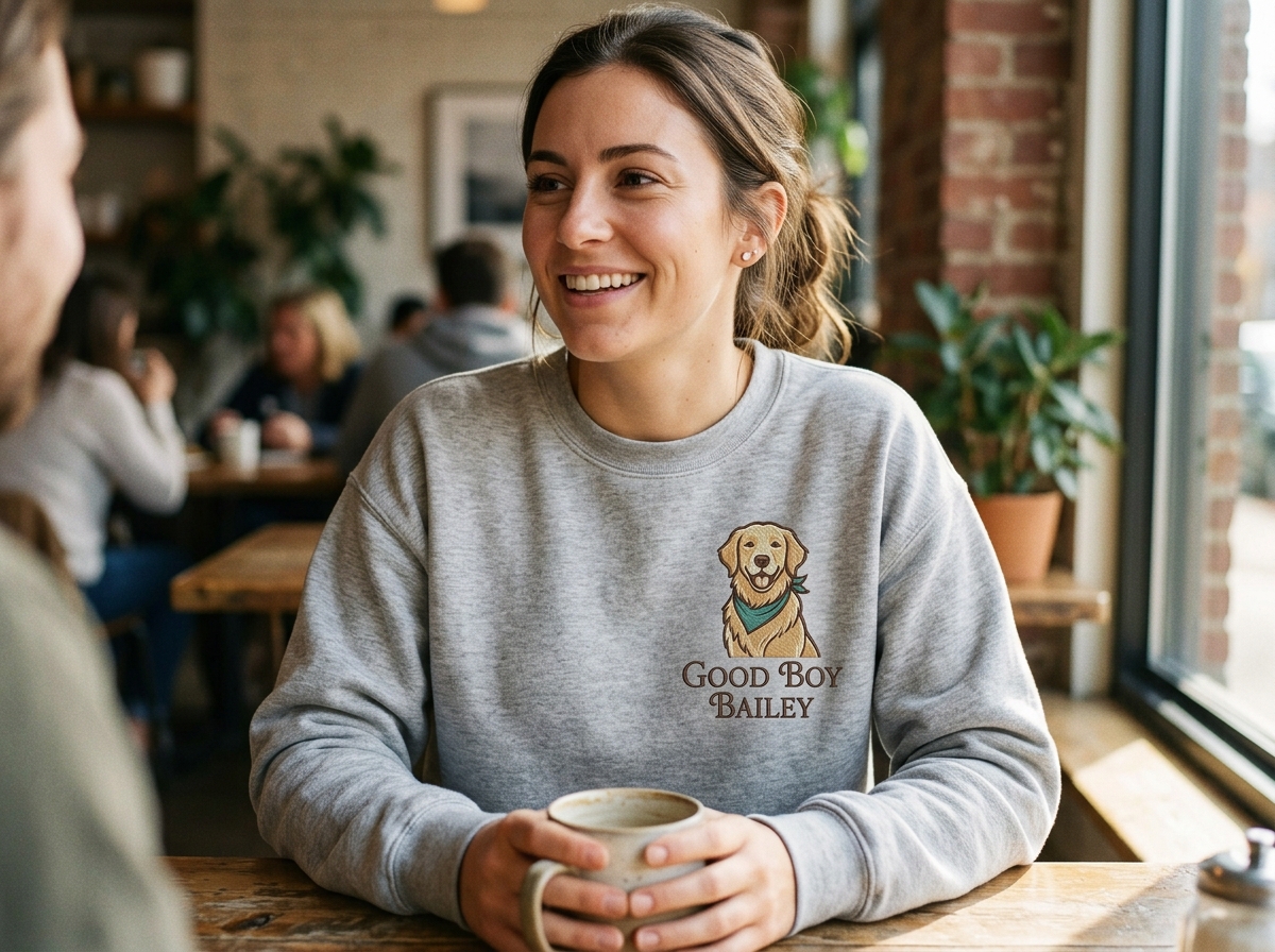 How to Choose Sweatshirts With Your Dog's Picture on It That Actually Look Good Embroidered sweatshirts with your dog's picture on it — lifestyle photo