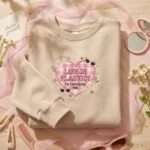 Pink Self Love Embroidered Sweatshirt - Gingham Heart Daisy Sand Pullover embroidered-sweatshirt