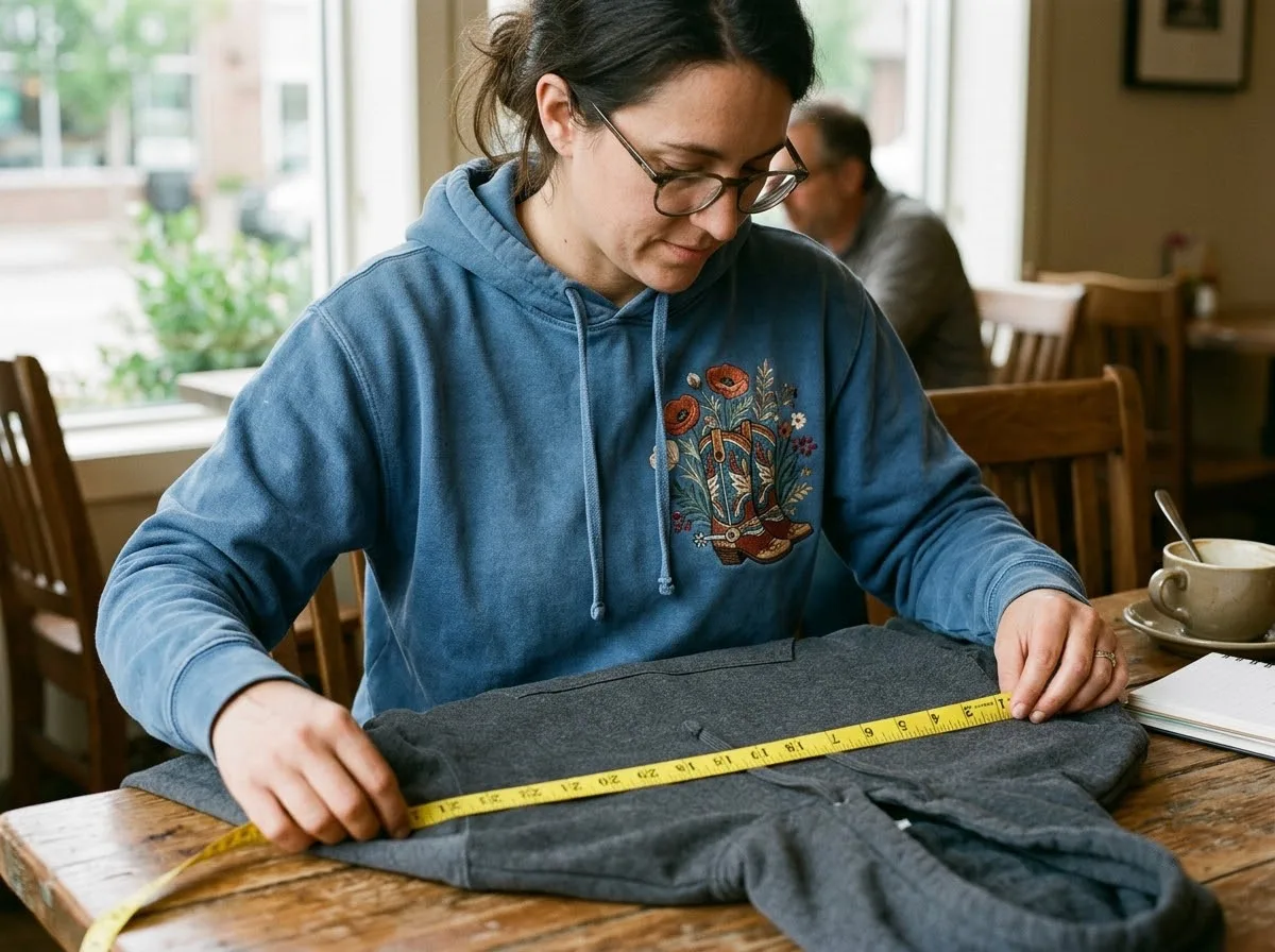embroidered hoodie size guide — in-use lifestyle photo