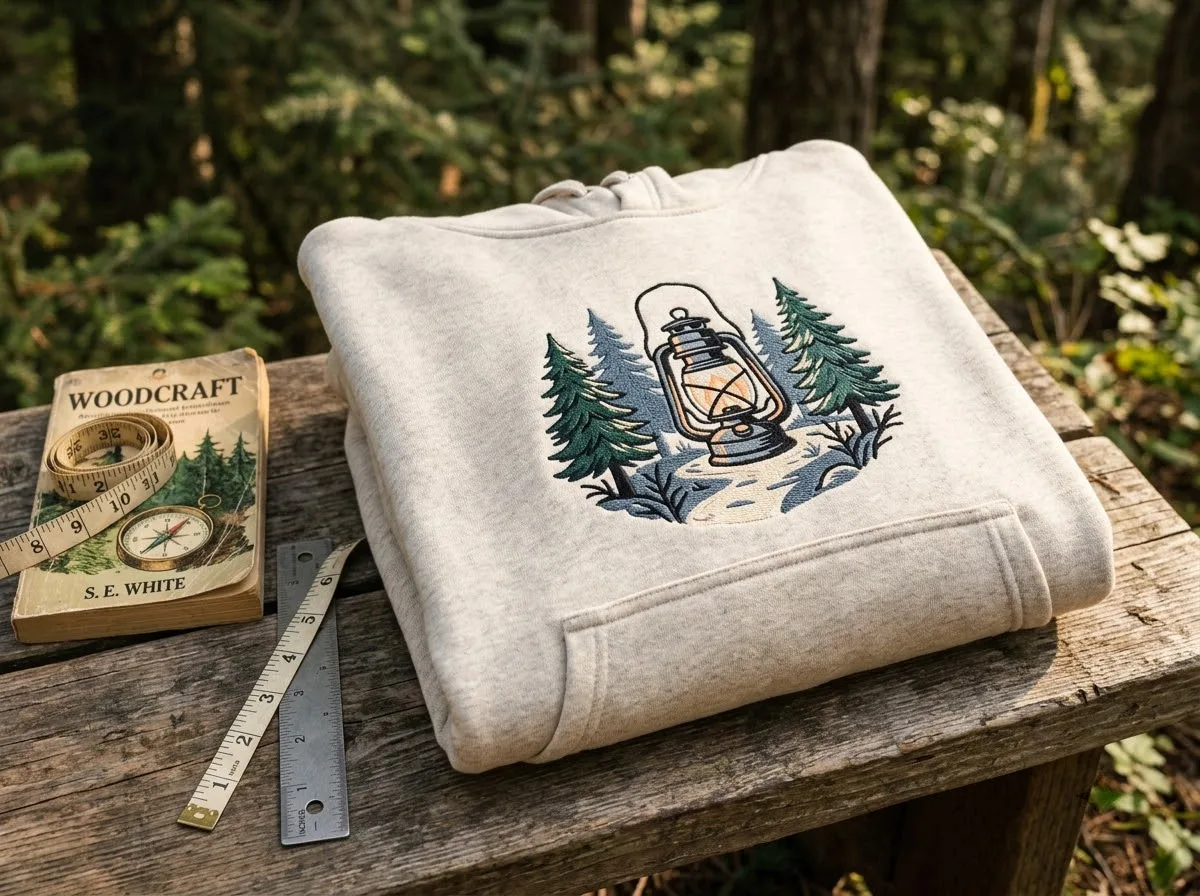 embroidered hoodie size guide — styled lifestyle scene
