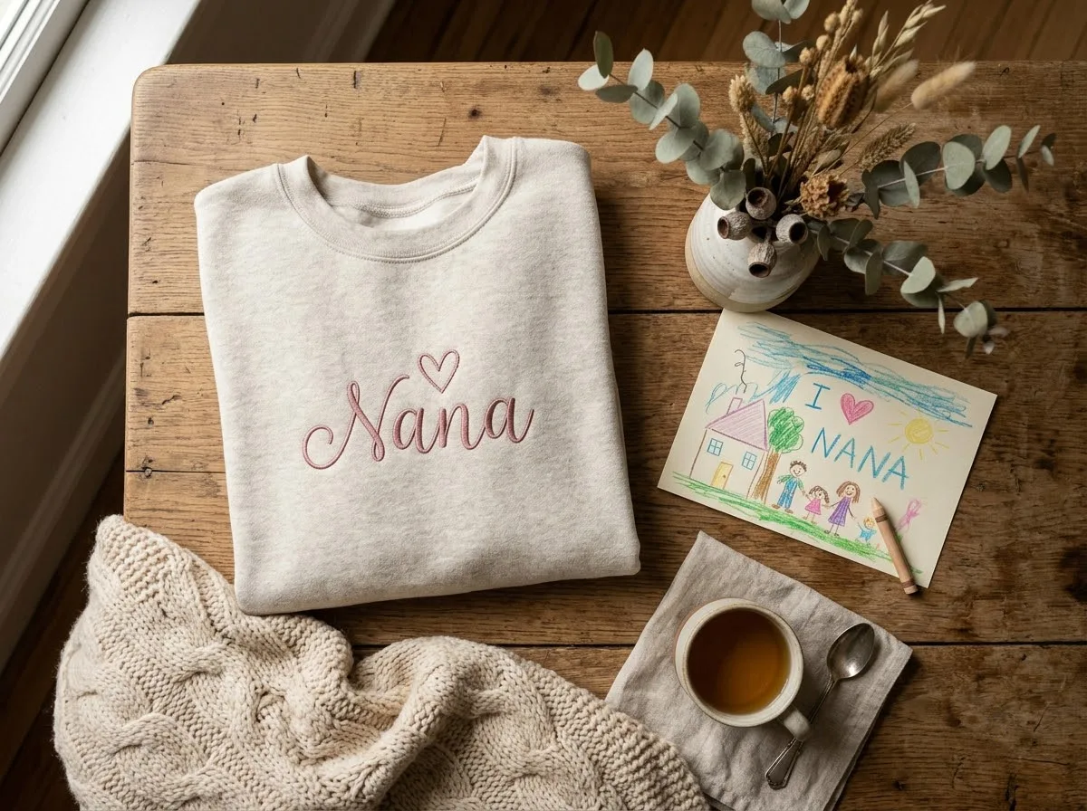 nana vs grammy for embroidered sweatshirt — styled lifestyle scene